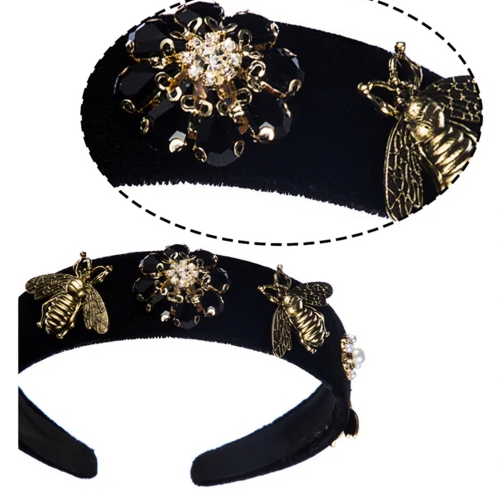 Elegant Black Headband with Metal Bee & Jewel Embellished Decor NWOT - Picture 3 of 4